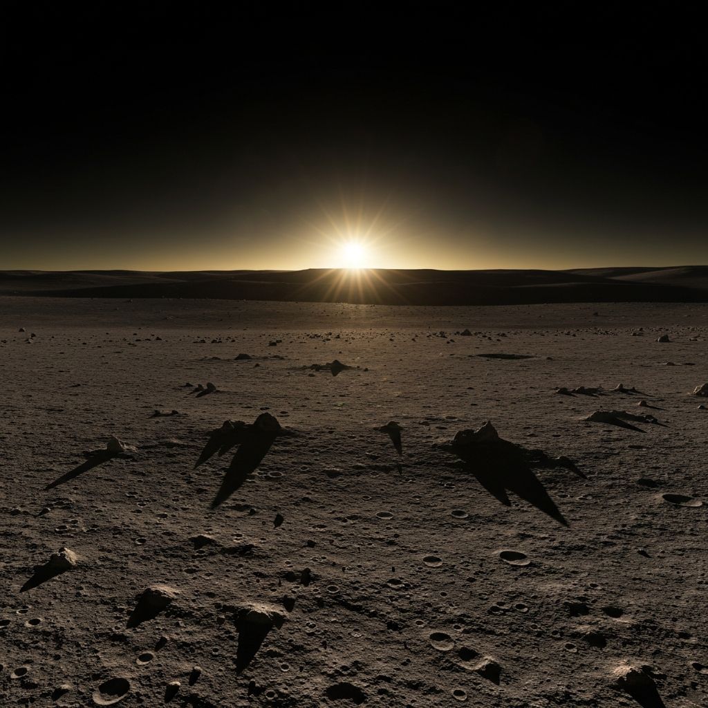 Lunar sunrise over regolith surface